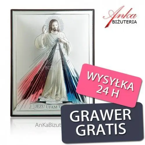 Ankabizuteria.pl jezu ufam tobie obrazek srebrny kolorowe promienie. grawer gratis Anka biżuteria