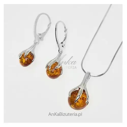 Ankabizuteria.pl Komplet - złote kule w objęciach - srebro i bursztyn naturalny., kolor pomarańczowy