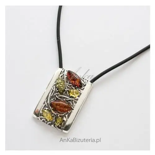 Anka biżuteria Ankabizuteria.pl naszyjnik srebrny z kolorowym bursztynem na skórzanym łańcuszku