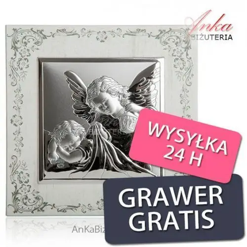 Ankabizuteria.pl Obrazek srebrny aniołki na białym tle grawer gratis