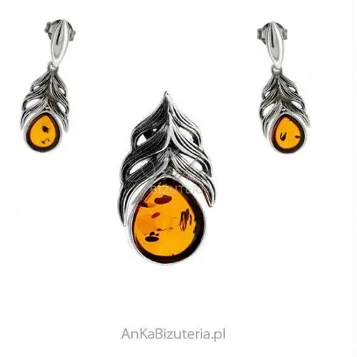 Ankabizuteria.pl Biżuteria srebrna komplet z bursztynem listki, kolor pomarańczowy