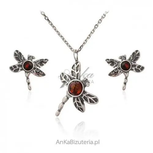 Ankabizuteria.pl Biżuteria srebrna komplet z bursztynem ważki