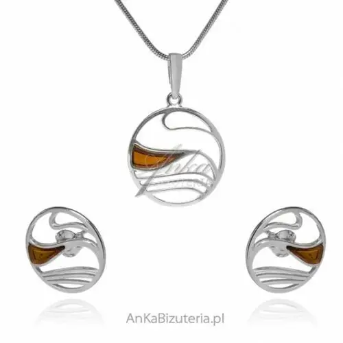 Ankabizuteria.pl Biżuteria srebrna komplet z koniakowym bursztynem