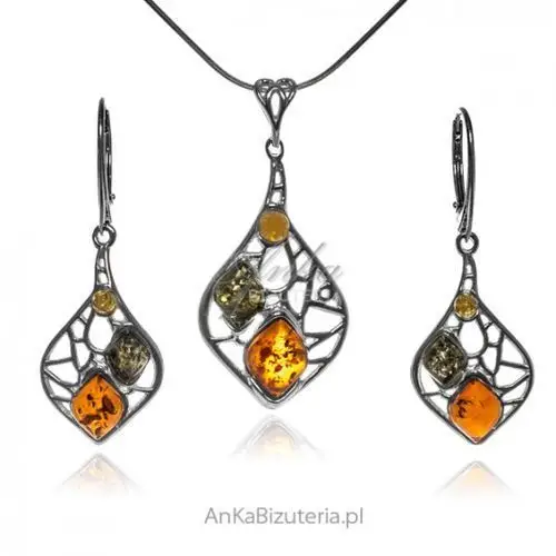 Ankabizuteria.pl Biżuteria srebrna z bursztynem komplet z kolorowym bursztynem