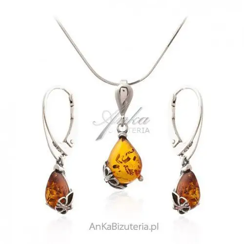 Ankabizuteria.pl Biżuteria srebrna z bursztynem komplet z motylkiem, kolor pomarańczowy