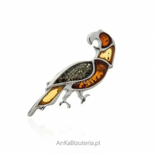 Ankabizuteria.pl Broszka srebrna z bursztynem papuga ara