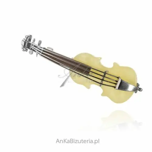 Ankabizuteria.pl Broszka srebrna z żółtym bursztynem eleganckie skrzypce, kolor żółty