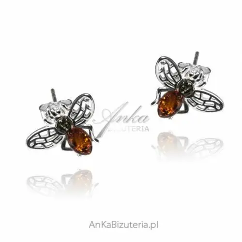 Ankabizuteria.pl Kolczyki srebrne pszczółki z bursztynem, kolor pomarańczowy