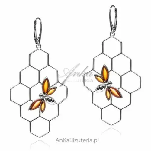 Ankabizuteria.pl Kolczyki srebrne z bursztynem - pszczoła na plastrze miodu - koniak