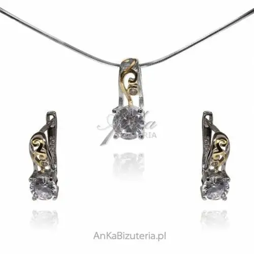 Ankabizuteria.pl Komplecik biżuterii srebrnej pozłacany z białą cyrkonią