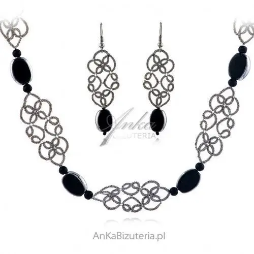 Ankabizuteria.pl Komplet biżuteria handmade z frywolitki i czarnym kamieniem