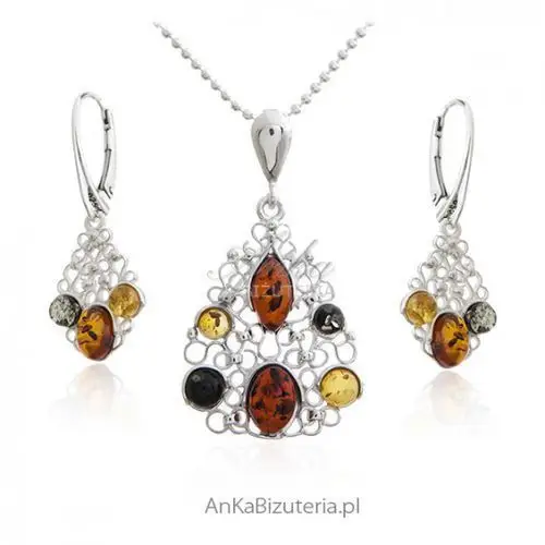 Ankabizuteria.pl Komplet biżuteria srebrna - czar koronki z bursztynem, kolor pomarańczowy