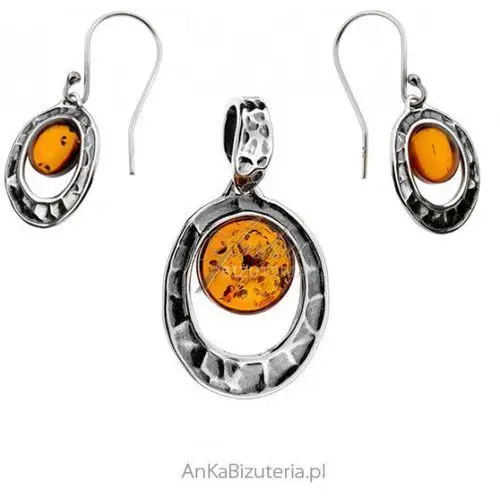 Ankabizuteria.pl Komplet biżuteria srebrna oksydowana z bursztynem, kolor pomarańczowy
