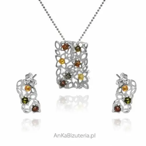 Ankabizuteria.pl Komplet biżuteria srebrna z bursztynem - kolorowe kwiaty