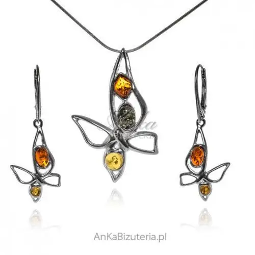 Ankabizuteria.pl Komplet biżuteria srebrna z bursztynem motylek