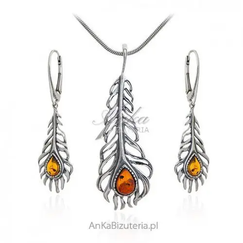 Ankabizuteria.pl Komplet biżuteria srebrna z bursztynem piórka, kolor pomarańczowy
