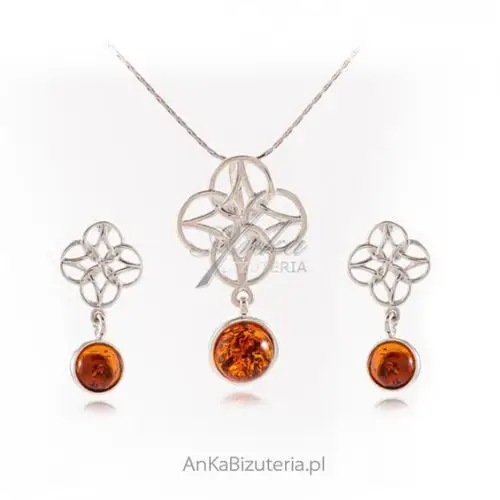 Ankabizuteria.pl Komplet biżuteria srebrna z bursztynem węzeł irlandzki, kolor pomarańczowy