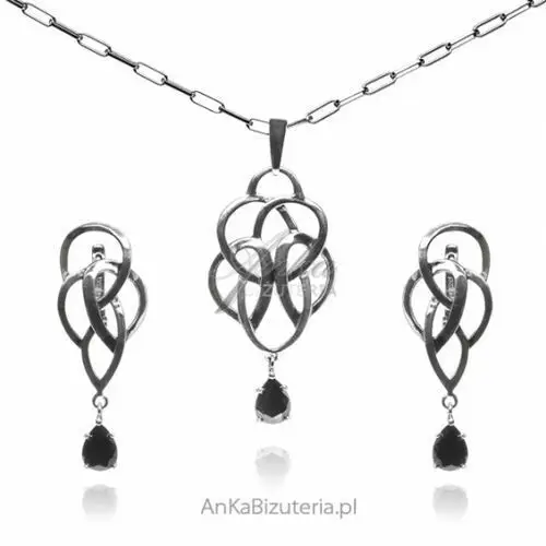 Ankabizuteria.pl Komplet biżuteria srebrna z czarną cyrkonią węzeł irlandzki, kolor czarny