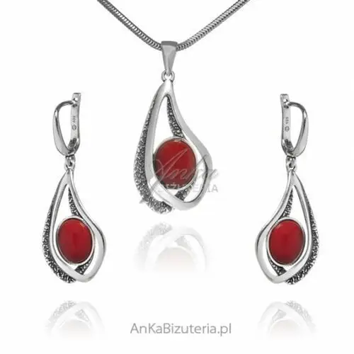 Ankabizuteria.pl Komplet biżuteria srebrna z czerwonym kamieniem jubilerskim, kolor czerwony