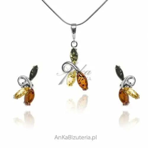 Ankabizuteria.pl Komplet biżuteria srebrna z kolorowym bursztynem, kolor pomarańczowy