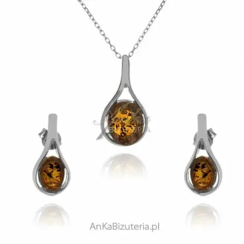 Ankabizuteria.pl Komplet biżuteria srebrna z koniakowym bursztynem, kolor pomarańczowy