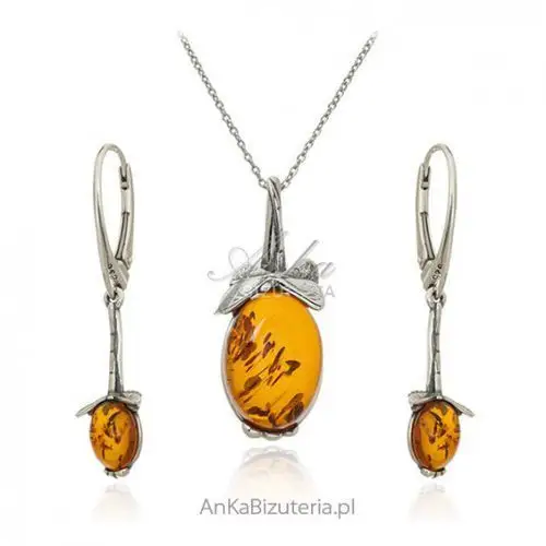 Ankabizuteria.pl Komplet biżuteria srebrna z naturalnym bursztynem w kolorze koniak, kolor pomarańczowy