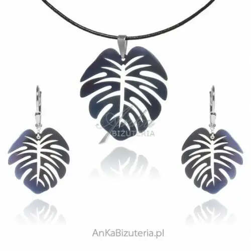 Ankabizuteria.pl Komplet biżuteria srebrna z tytanem liść monstery, kolor szary