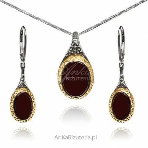 Ankabizuteria.pl Komplet biżuteria srebrna z wiśniowym bursztynem, kolor czerwony