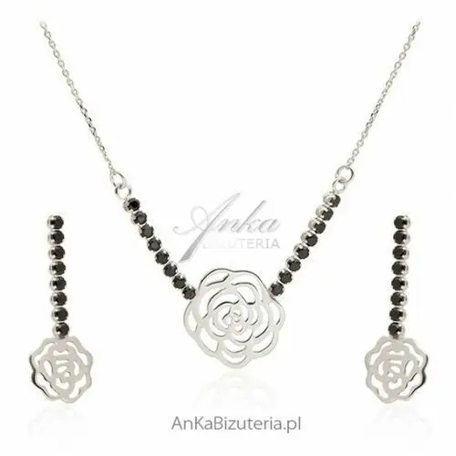 Ankabizuteria.pl Komplet biżuterii srebrnej z czarnymi cyrkoniamii - różyczki, kolor różowy