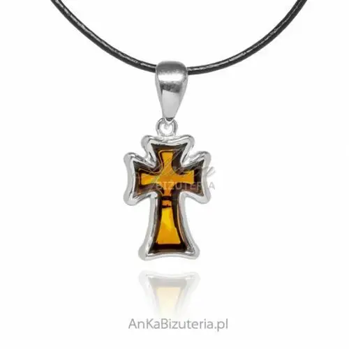 Ankabizuteria.pl Krzyżyk srebrny z koniakowym bursztynem, kolor pomarańczowy