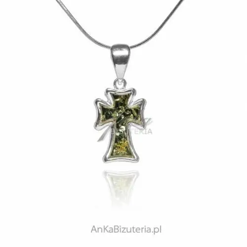 Ankabizuteria.pl Krzyżyk srebrny z zielonym bursztynem, kolor zielony
