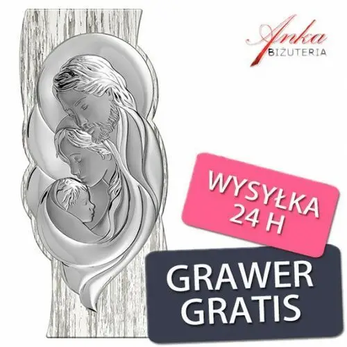 Ankabizuteria.pl Obrazek srebrny święta rodzina na zdobionym białym drewnie