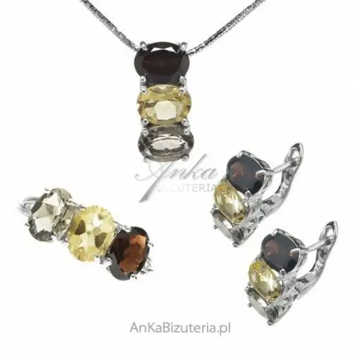 Ankabizuteria.pl Piękny komplet biżuterii srebrnej kwarc dymny cytryn i granat