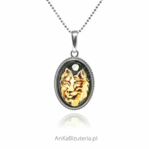 Ankabizuteria.pl Srebrna zawieszka wilk rzeźba w bursztynie