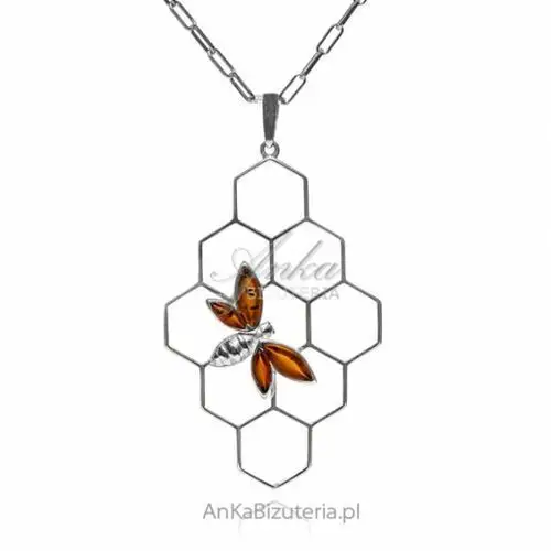 Ankabizuteria.pl Srebrna zawieszka z koniakowym bursztynem pszczoła na plastrze miodu, kolor pomarańczowy
