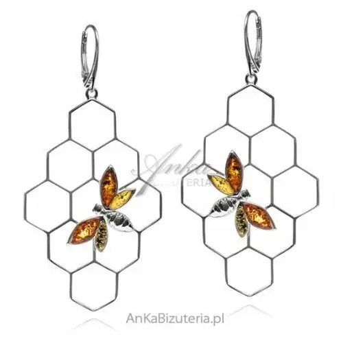 Ankabizuteria.pl Srebrne kolczyki z bursztynem pszczoła na plastrze miodu