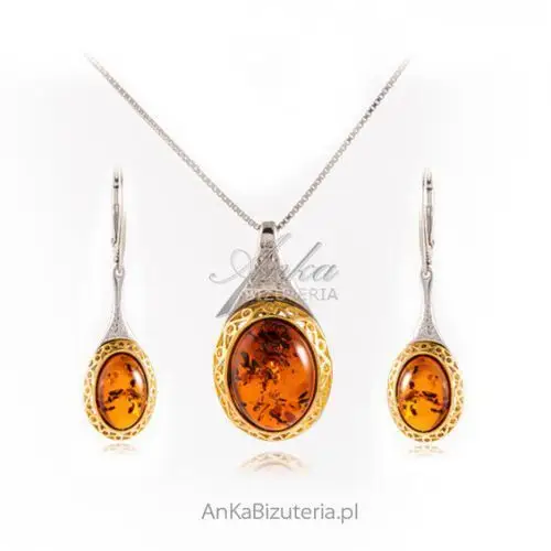 Ankabizuteria.pl Srebrny komplet z bursztynem pozłacany elegancka biżuteria damska, kolor pomarańczowy