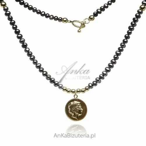 Ankabizuteria.pl Srebrny naszyjnik pozłacany z ciemnymi perłami i medalionem, kolor biały