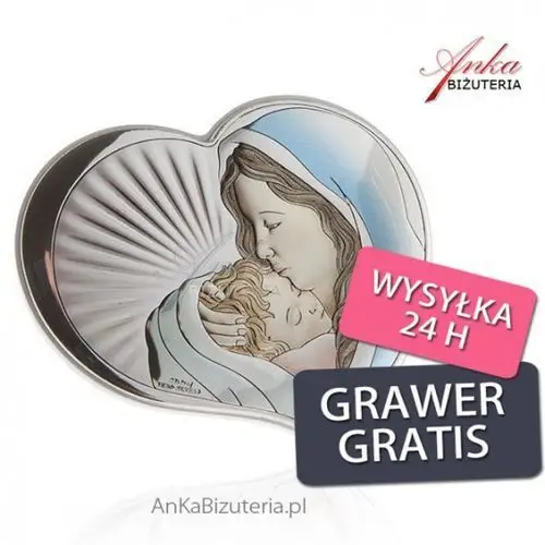 Ankabizuteria.pl Srebrny obrazek madonna z dzieciątkiem w sercu 10,5 cm 9 cm