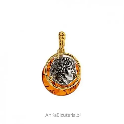 Ankabizuteria.pl Srebrny pozłacany wisiorek z bursztynem grecka maska, kolor pomarańczowy