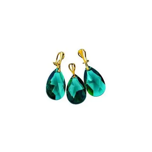 Kryształy Szmaragdowy Komplet Emerald Gold Złote Srebro Klipsy+Wisiorek, kolor zielony