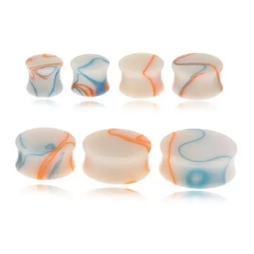 Biżuteria e-shop Akrylowy plug do ucha, beżowy kolor, niebiesko-pomarańczowe linie - szerokość: 19 mm, kolor: niebiesko - pomarańczowy