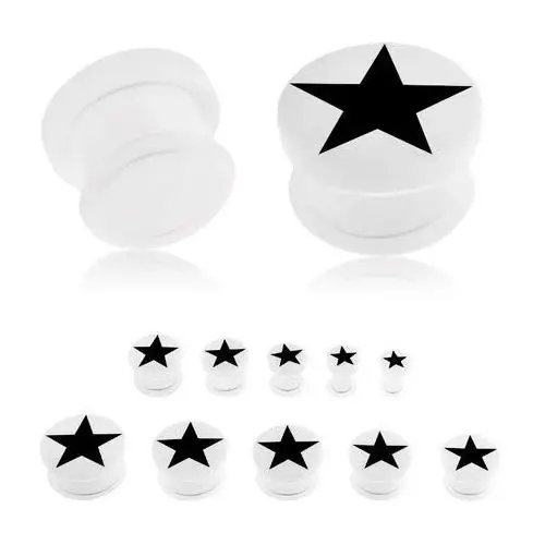 Akrylowy plug do ucha białego koloru, czarna pięcioramienna gwiazda, przezroczysta gumeczka - szerokość: 5 mm Biżuteria e-shop