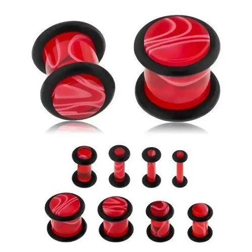 Biżuteria e-shop Akrylowy plug do ucha, czerwony kolor, marmurowy wzór, czarne gumeczki - szerokość: 6 mm