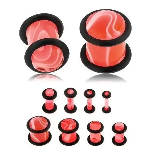Akrylowy plug do ucha różowego koloru, marmurowy wzór, dwie czarne gumeczki - szerokość: 8 mm Biżuteria e-shop