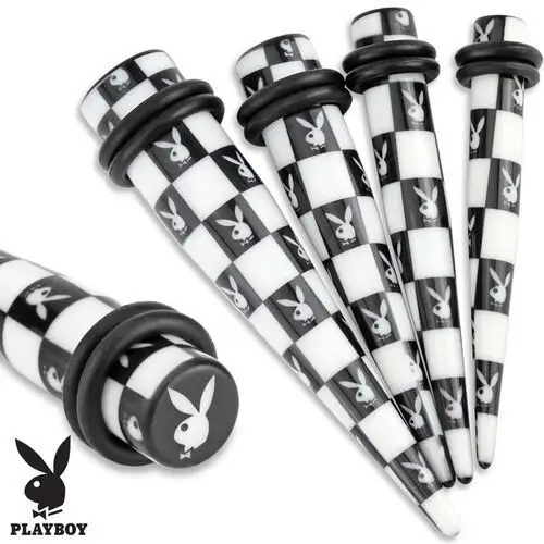 Akrylowy taper do ucha, czarno-biały wzór szachownicy, playboy - szerokość: 6 mm Biżuteria e-shop