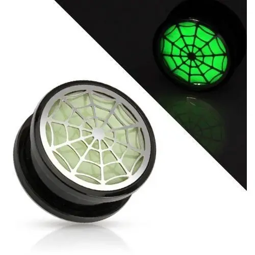 Biżuteria e-shop Akrylowy tunel plug do ucha, czarny kolor, pajęczyna świecąca w ciemności - szerokość: 6 mm