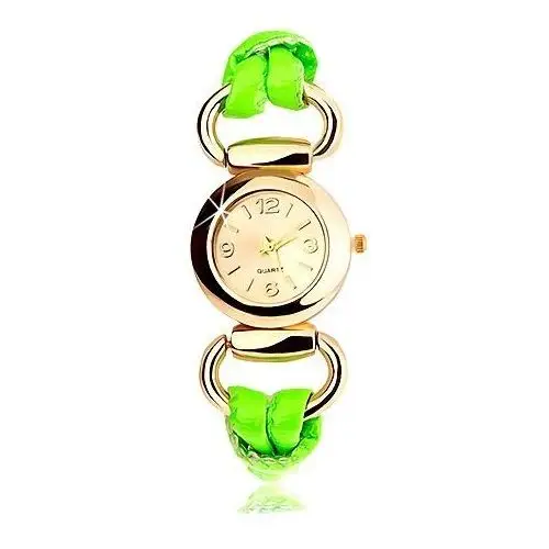 Analogowy zegarek, ogrągły cyferblat złotego koloru, lateksowy zielony pasek Biżuteria e-shop