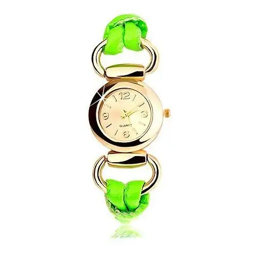 Biżuteria e-shop Analogowy zegarek, ogrągły cyferblat złotego koloru, lateksowy zielony pasek