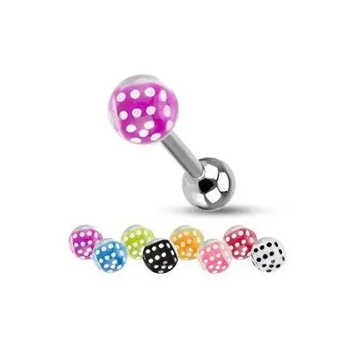 Barbell do języka ze stali, srebrny kolor, kuleczki, kolorowe kostki do gry - kolor kolczyka: różowy Biżuteria e-shop